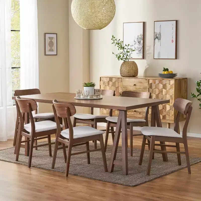 GDFStudio Alexis Mid Century Modern 7 Piece Fabric and Upholstered Rubberwood Dining Set