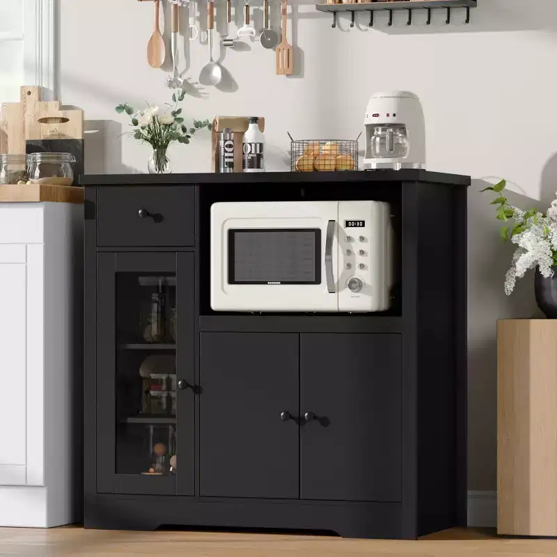 Modern Microwave Cabinet Buffet with Glass Doors Adjustable Shelf Storage Drawers and Wide Top