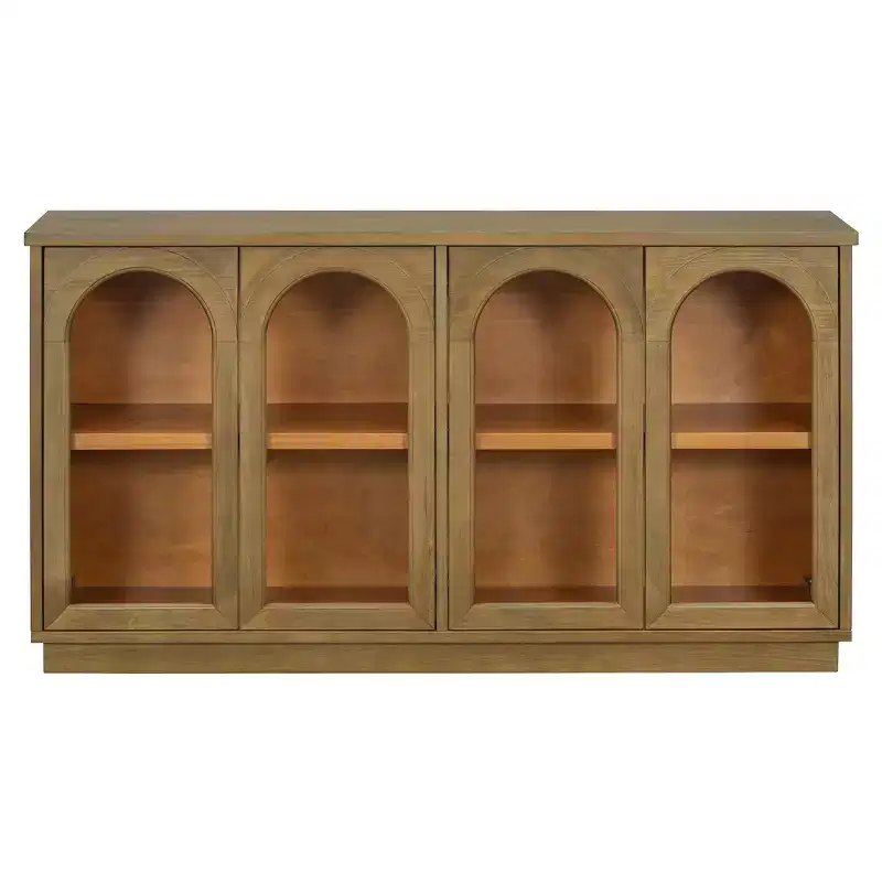 Hostack 4-Door Sideboard Cabinet with Glass Doors, Large Storage Sideboard with Adjustable Shelves for Kitchen and Dining Room, Old Pine