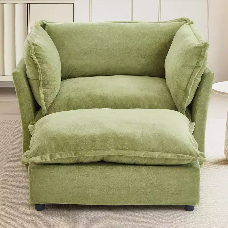 Chenille Armchair with Movable Ottoman, Wide Seat & Curved Armrests