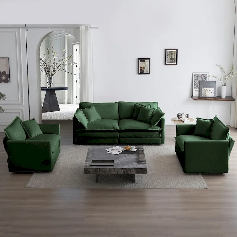 3 Piece Chenille Sofa Set with Arm Pillows and Toss Pillows, Include 2- Piece Armchairs and One 2-seat Sofa