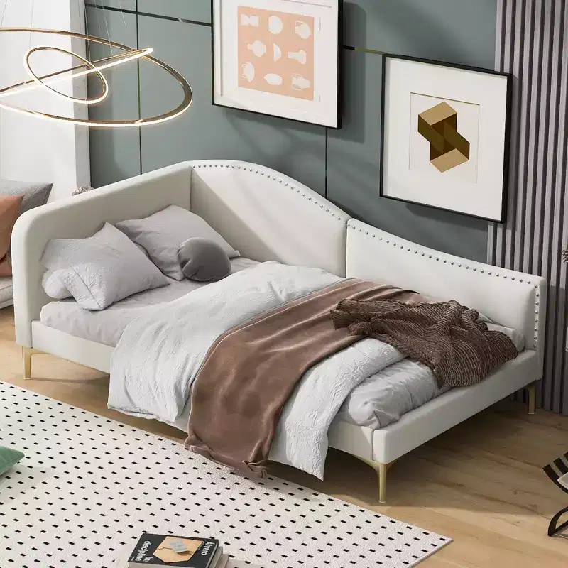 Twin/Full Upholstered Daybed, Linen Fabric Sofa Bed with Headboard and Armrest for Living Room