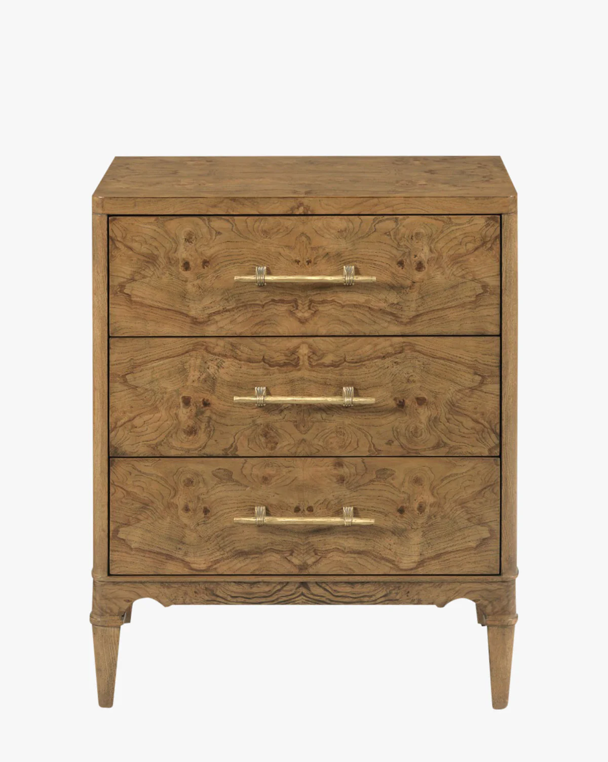 Artisan Olive Ash Burl Nightstand with Brass Hardware & Tapered Legs for Bedroom