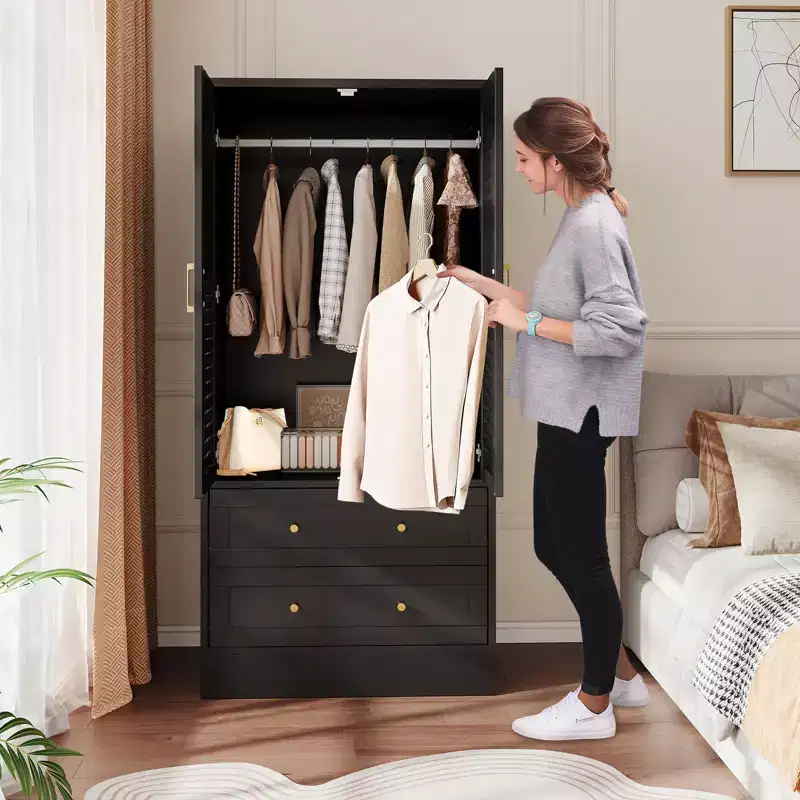 Spacious Wooden Wardrobe Closet  65 Louvered Doors, 2 Drawers, Hanging Rod, Durable Composite Wood, Bedroom/Laundry/Entryway Storage