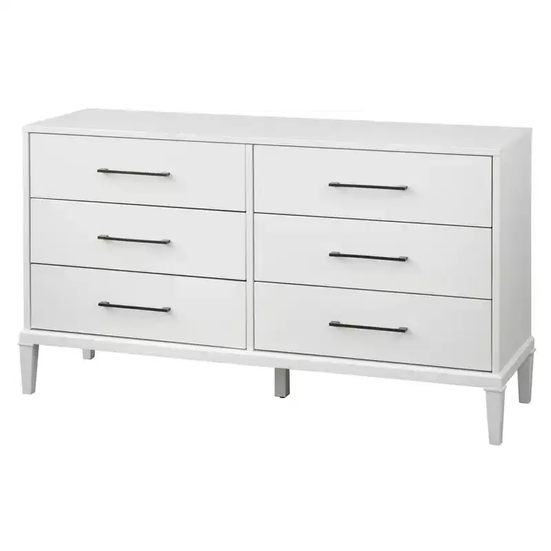 Lifestorey Sussex 6 Drawer Dresser White: Solid Rubberwood Legs, MDF, Modern Farmhouse Style