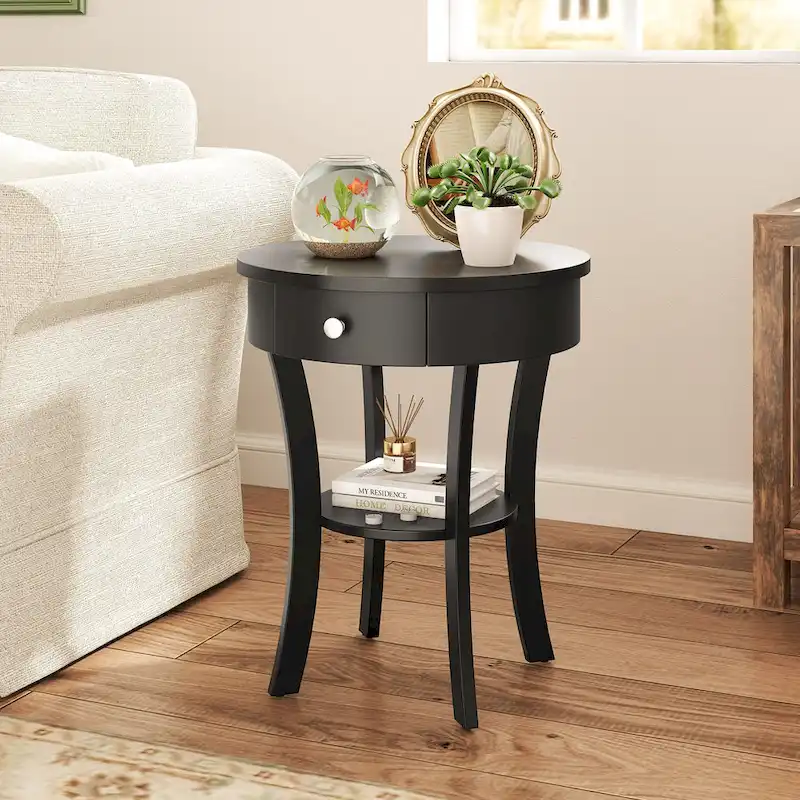 2-Tier Round Side Table with Drawer and Open Shelf