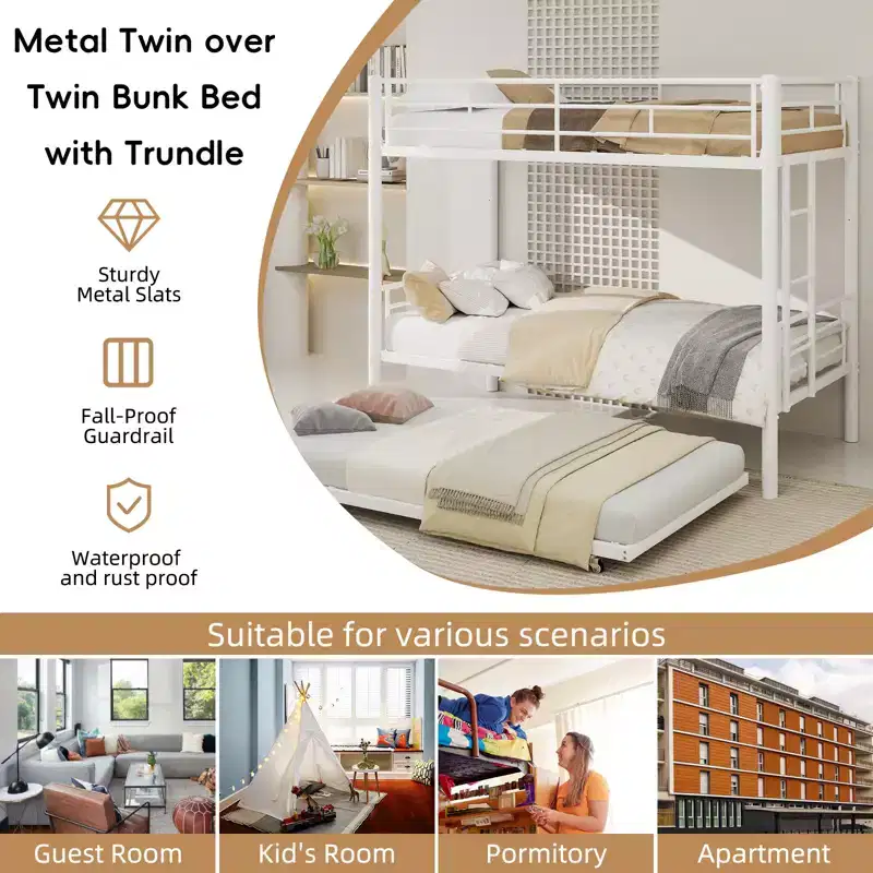 Modern Metal Bunk Bed with Safety Guardrail & Convertible Design