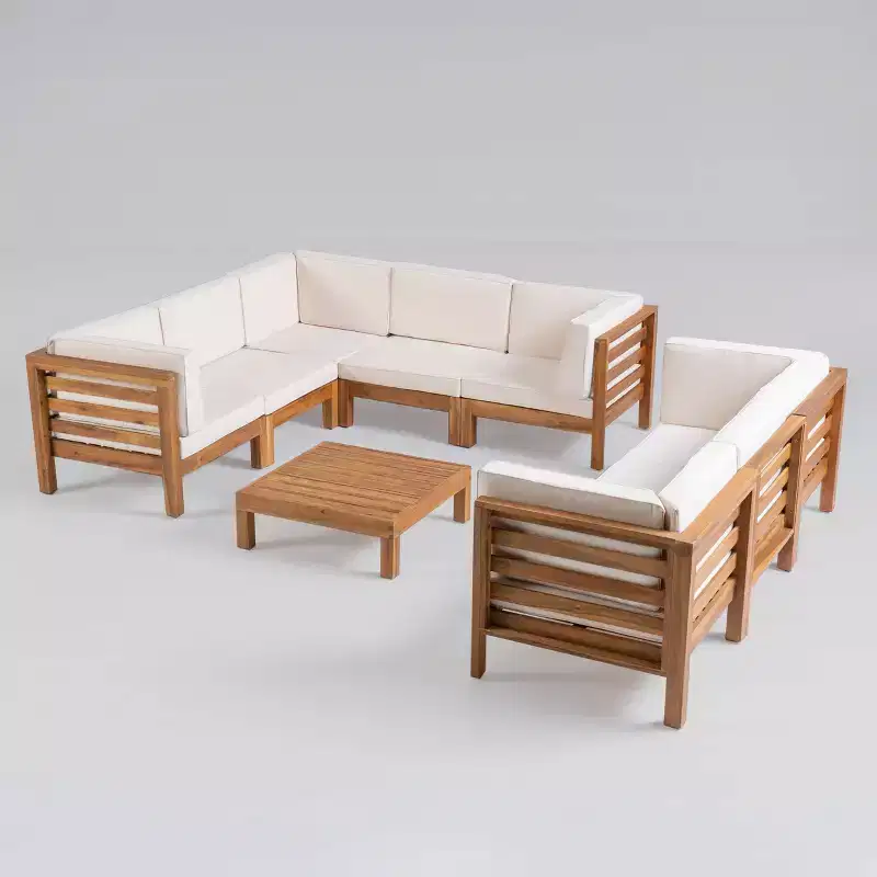 Oana 9pc Acacia Wood Sectional Sofa Set - Teak/Beige - Christopher Knight Home: Weather-Resistant Outdoor Seating