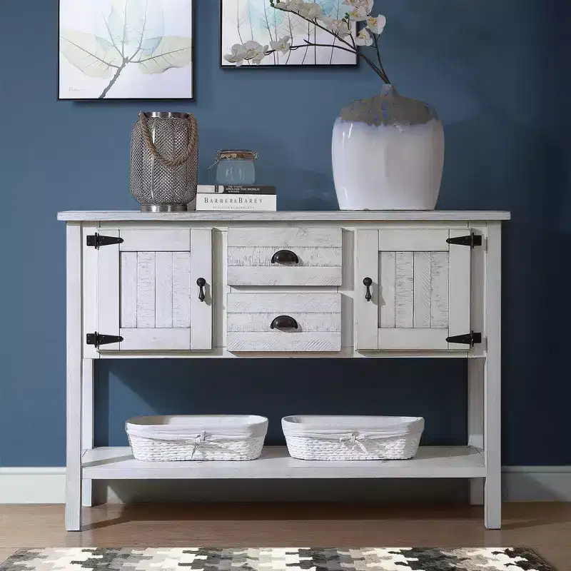 48'' Solid Wood Console Table with 2 Drawers and Cabinets for Living and Dining Room, Antique White