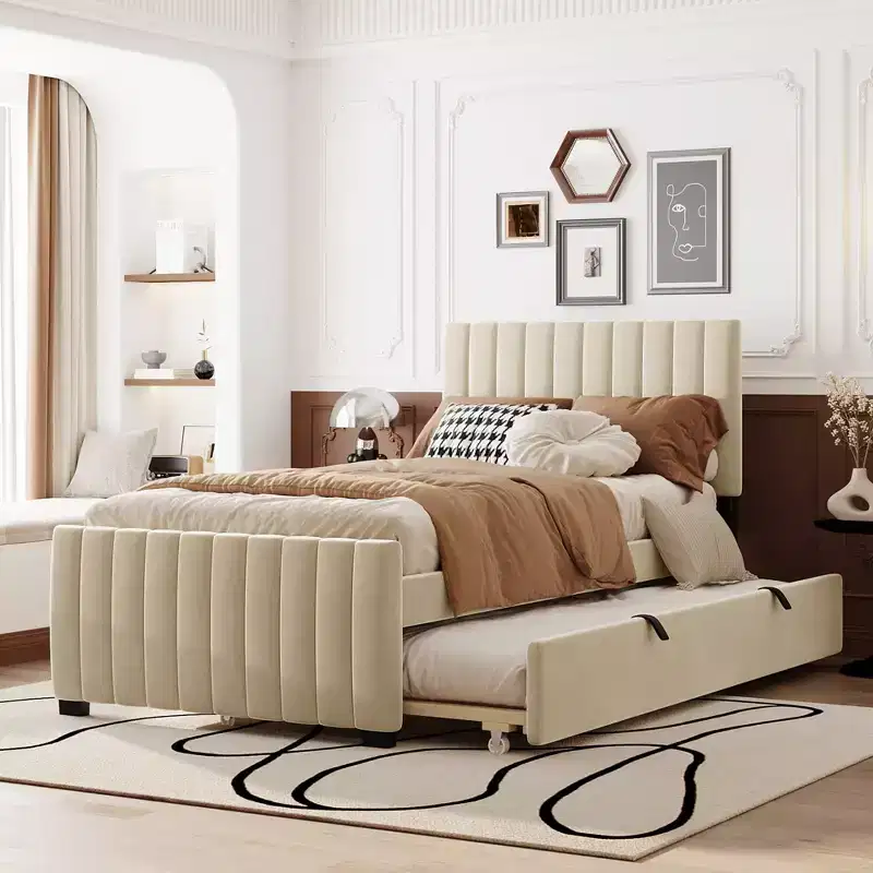 Velvet Twin Platform Bed with Trundle - Elegant & Space-Saving