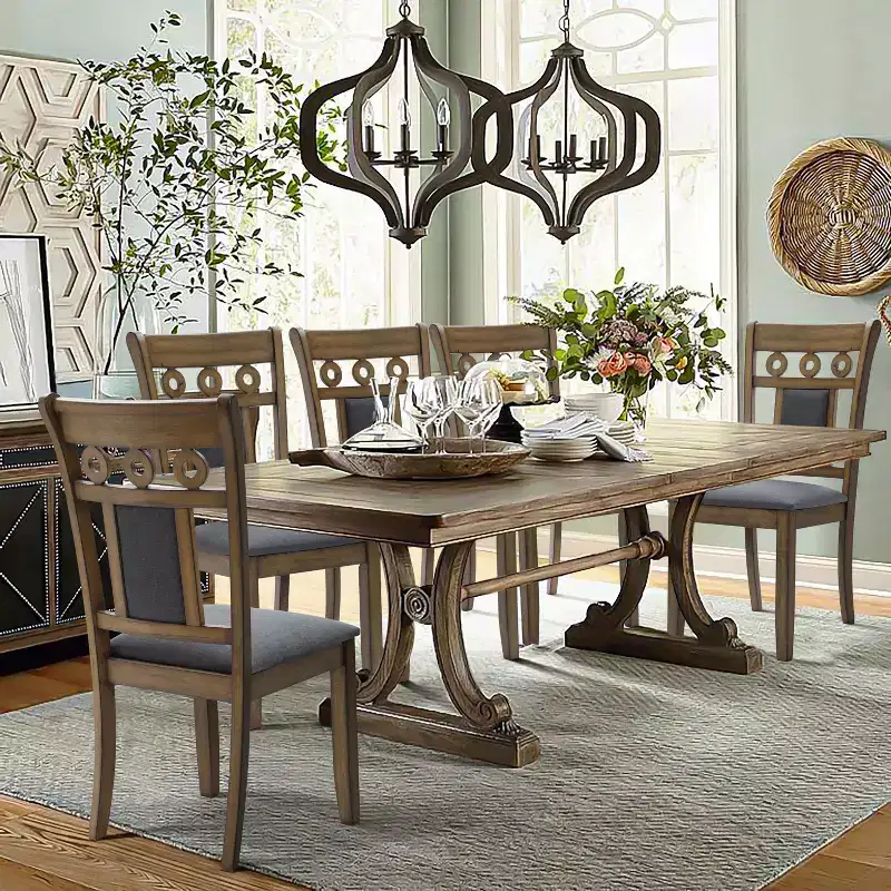 LuxenHome Set of 2 Brown Natural Rubberwood Upholstered Gray Dining Chair
