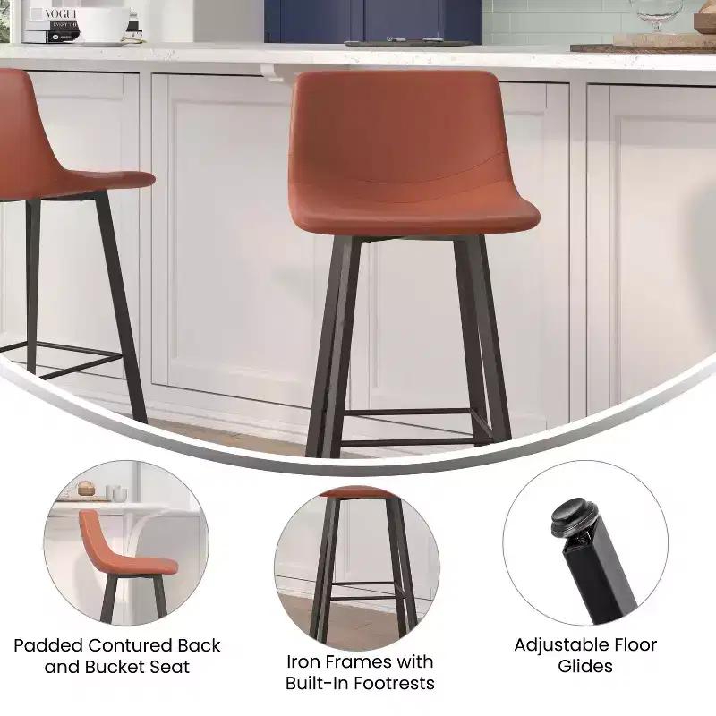 Merrick Lane Set of 2 Modern Upholstered Stools with Contoured, Low Back Bucket Seats and Iron Frames