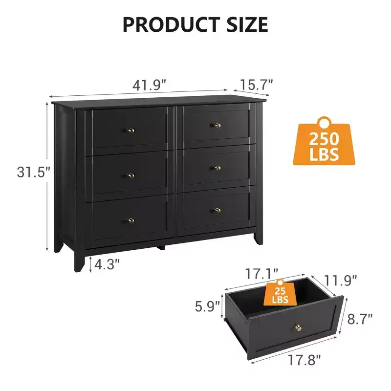 Black 6 Drawer Dresser for Bedroom, Large Modern Wooden Double Chests of Drawers with Deep Drawers & Metal Knobs for Kids Bedroom, Entryway, Hallway