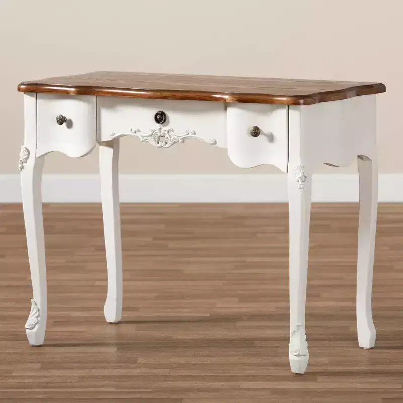 Sophie Small 3 Drawer Console Table: Carved Detail, Brass Knobs - Baxton Studio