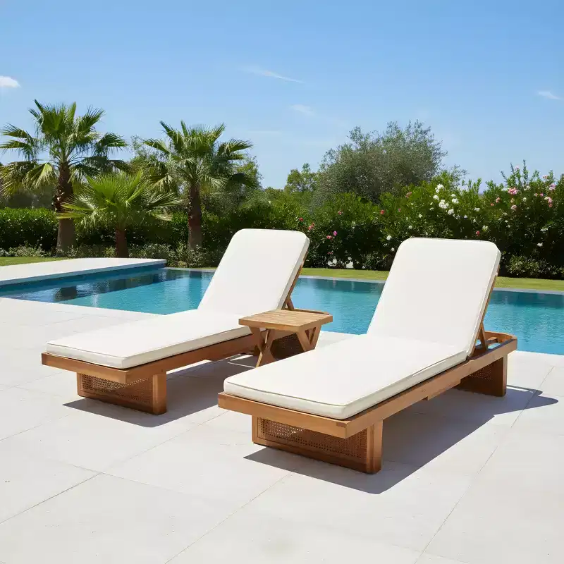 Christopher Knight Home Wino Patio 3 Piece Acacia Wood Rattan Sunlounge Set with Cushion and Slatted Table