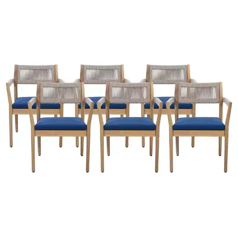 NAYSAYE Patio Dining Sets Braided Acacia Wood Dining Chairs with Cushions and Armrests for Garden Poolside, Navy and Beige, 23.25*21.5*32.25