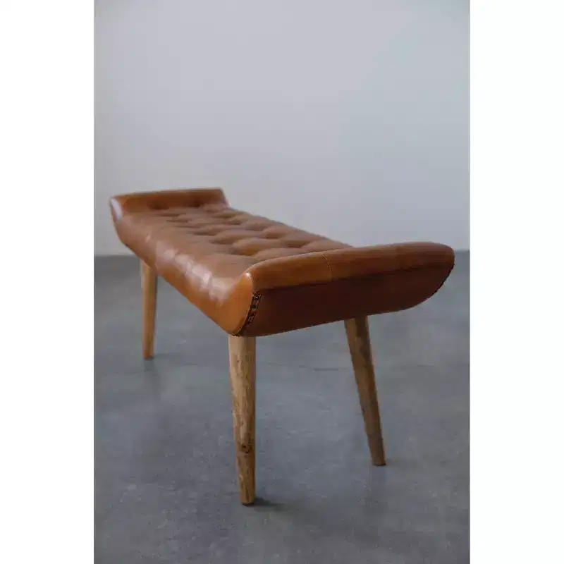 Storied Home Goat Leather Bench Tobacco: Mango Wood Frame, Rectangular Upholstered Ottoman, Adult Assembly