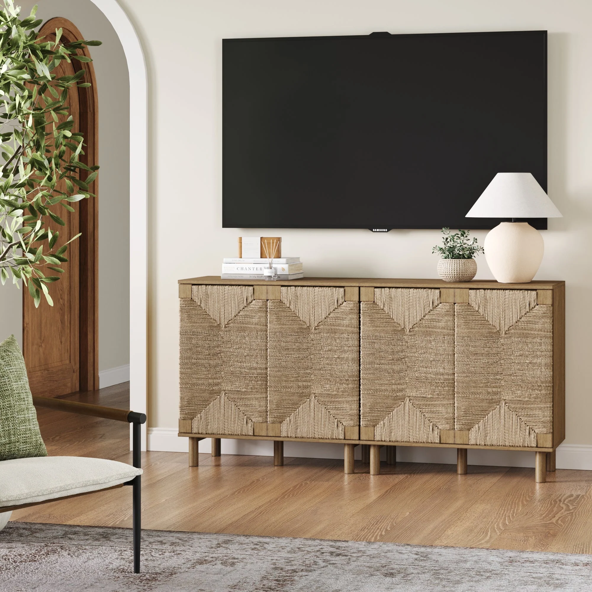Wood TV Console for TVs up to 65 with Seagrass Doors Light Brown