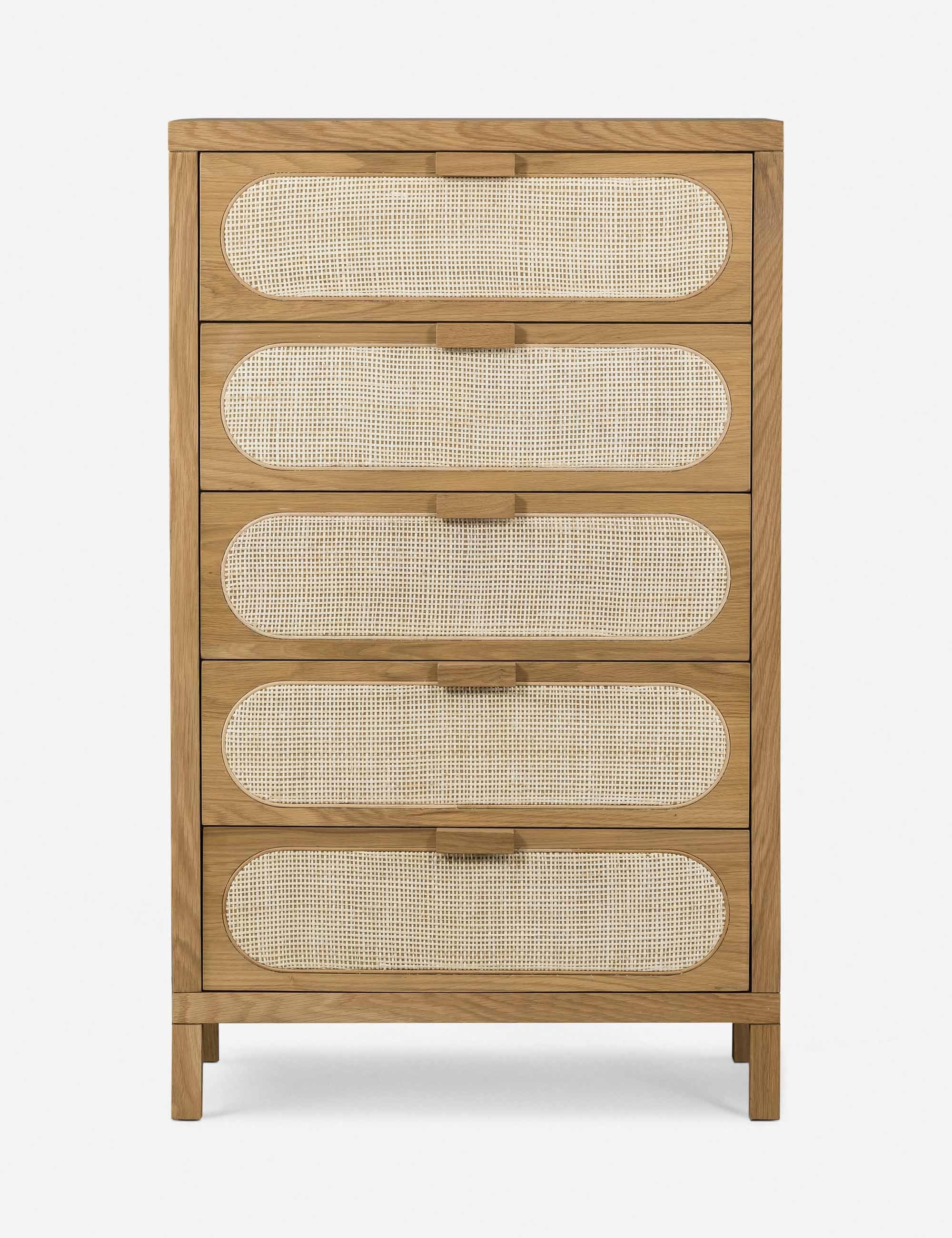 Dresser This wooden dresser brings transitional elements to the forefront of your bedroom, thanks to a wicker caned oval on each drawer front