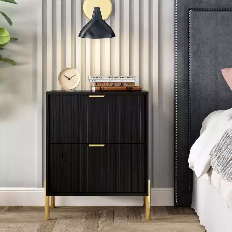 2-Drawer Nightstand in Black, Scandinavian Modern Style, MDF with Anti-Tip Hardware