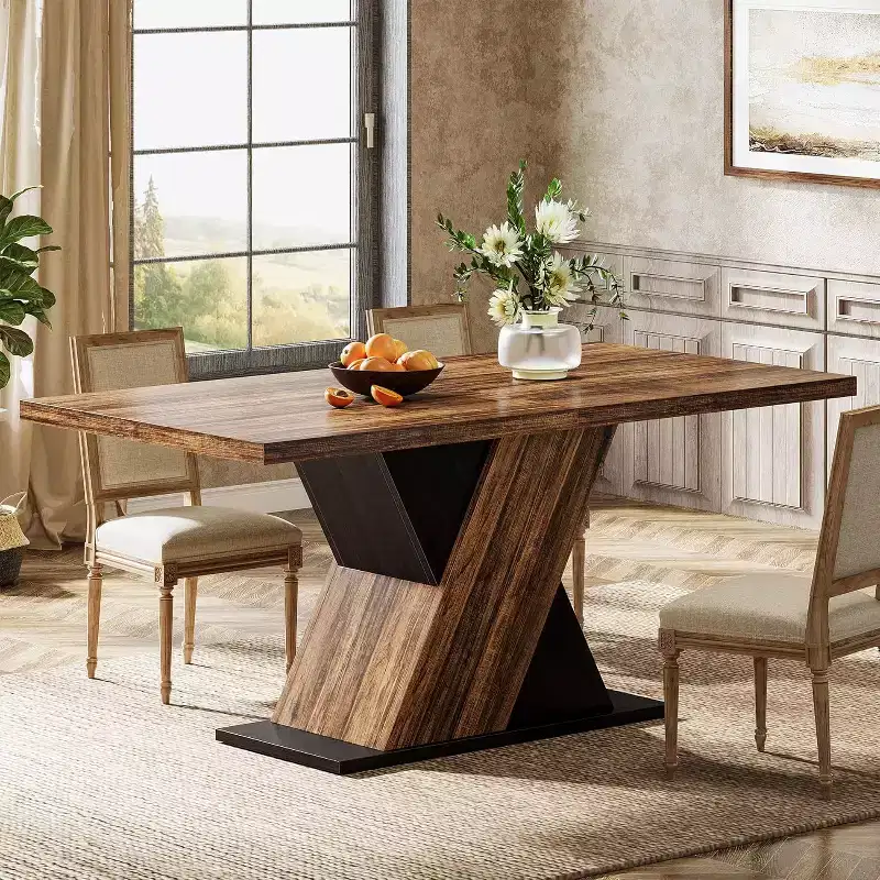 55-Inch Farmhouse Dining Table for 4, Rectangle Rustic Brown Kitchen Dining Room Table, Wooden Dinner Table for Small Spaces