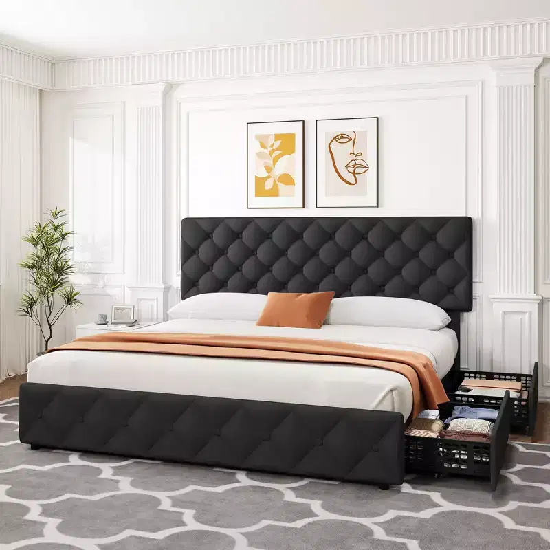 King Size Platform Bed Frame with Adjustable Headboard and 4 Storage Drawers