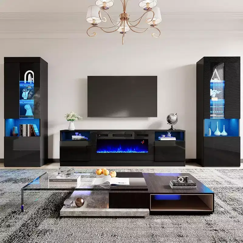 AMERLIFE Modern Highgloss Fireplace Entertainment Center Set