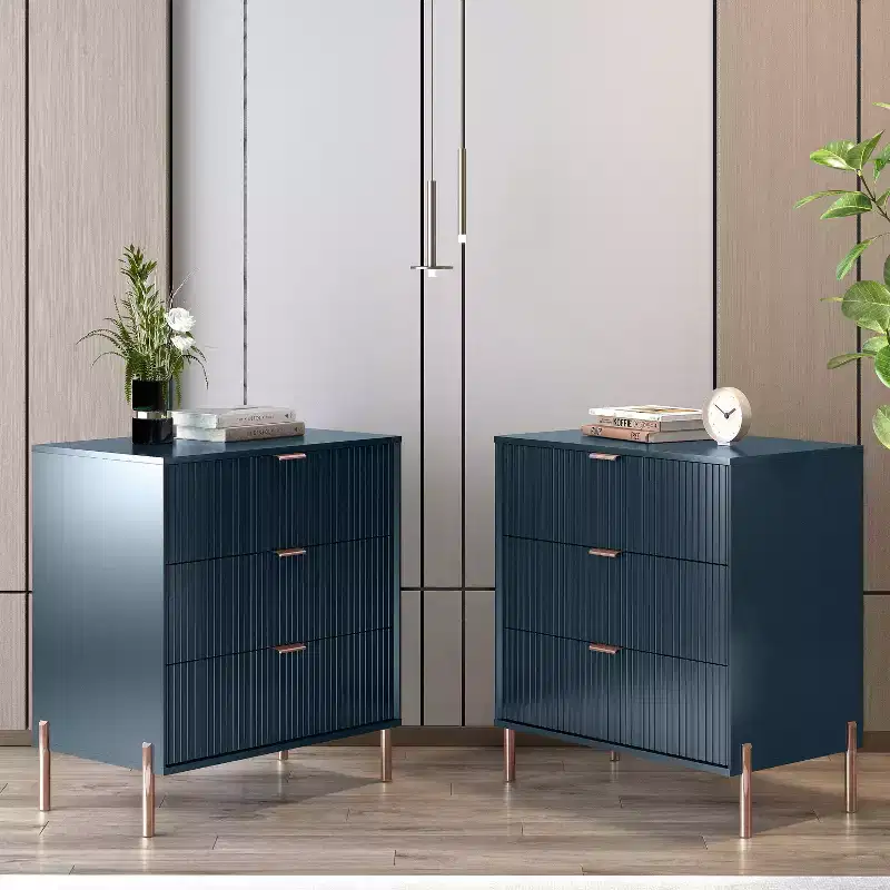 Festivo 2pc Modern Elegance 3 Drawer Nightstands Side Table Set Navy
