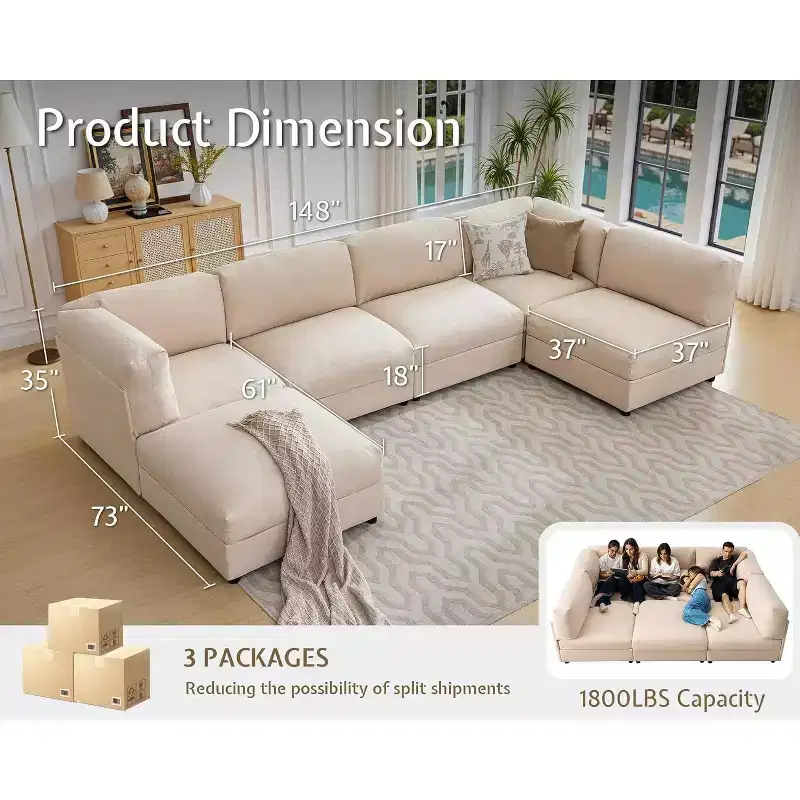 AMERLIFE U-Shaped Modular Sectional Sofa with Ottoman, Oversized Couch for Living Room