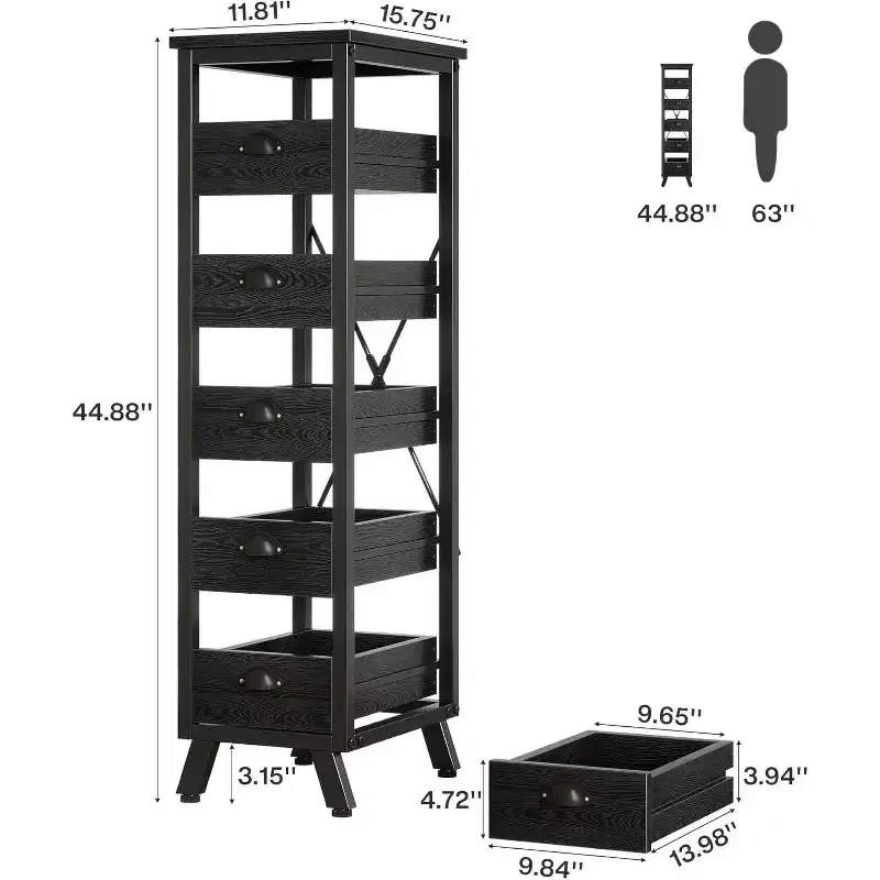Lantine Black Wood Fruit and Vegetable Storage Rack, 5-Tier Narrow Snack Stand Kitchen Stand Fruit Basket, Pull-Out Utility Organizer for Living Room
