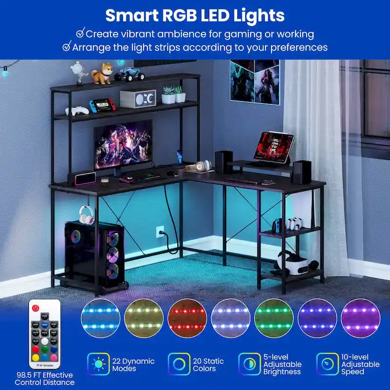 L-Shaped Gaming Desk with LED Strip & Power Outlets