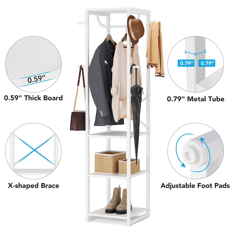 Freestanding Coat Rack with Shelves, 4 Shelves and 8 Hooks