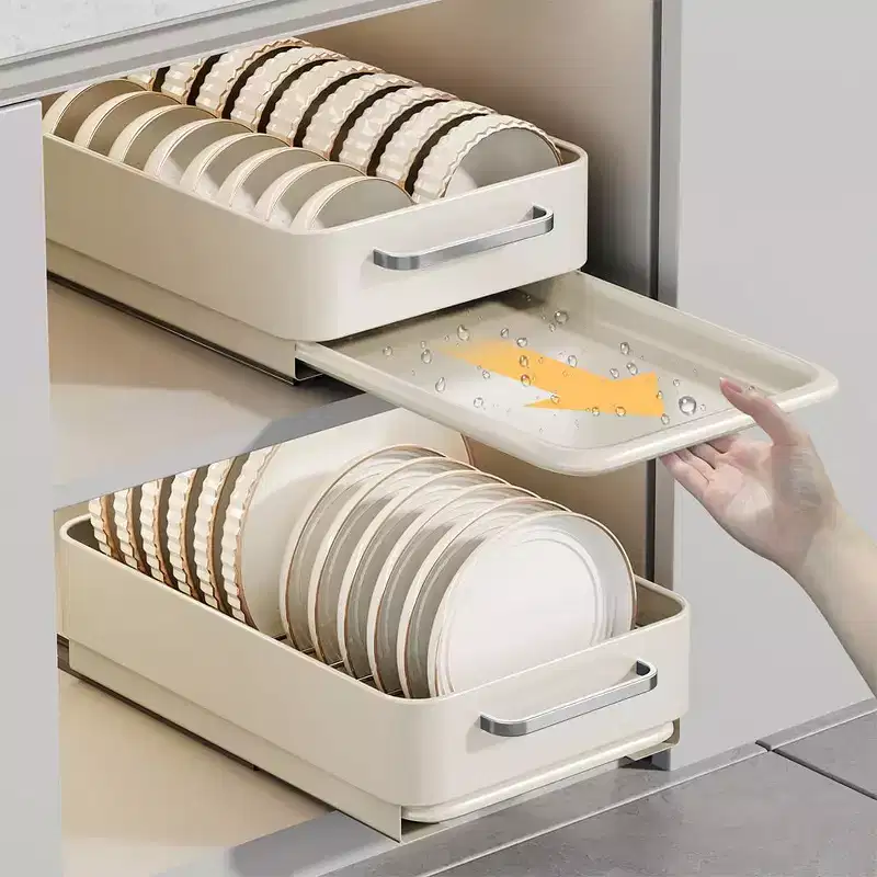 Pull-Out Cabinet Dish Drying Rack, Slide-Out Metal Drawer Shelf for Kitchen, Bathroom & Living Room