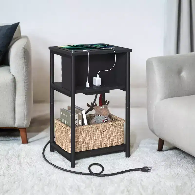 End Table with Built-in Charging Station 3-Tier Nightstand with USB Ports and Power Outlets Side Table for Living Room