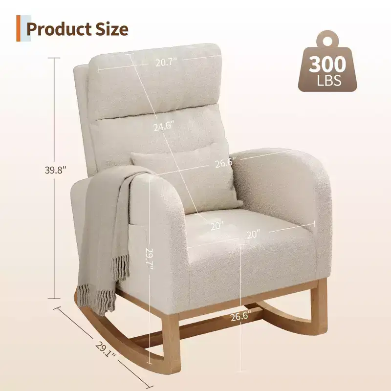 Modern Nursery Glider Rocking Chair with Side Pockets & Pillow – Ergonomic, 300 lb Capacity
