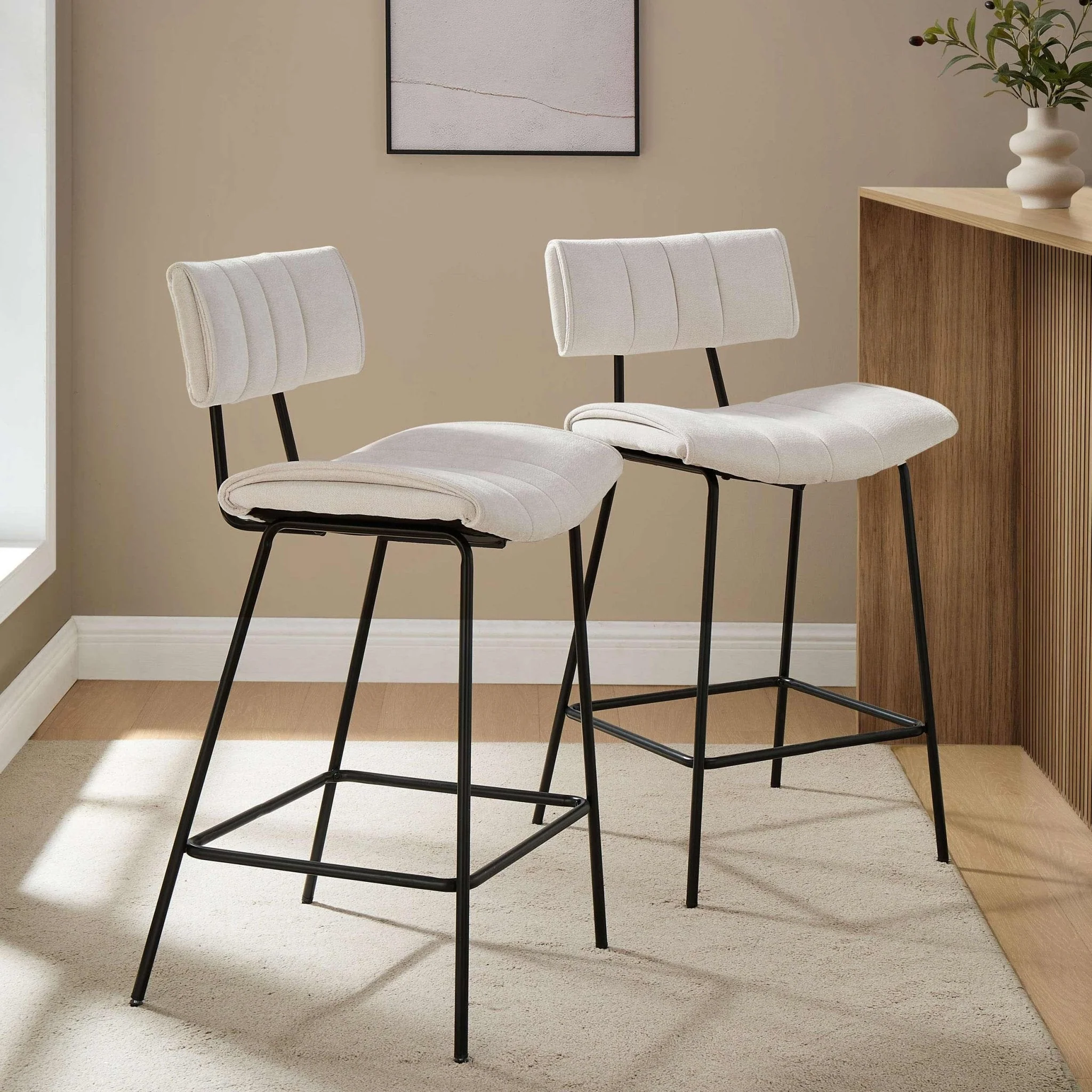 Contemporary Ivory Chenille Barstool with Sculptural Curved Back for Kitchen