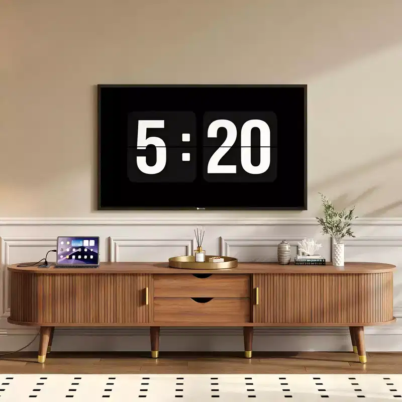 Wooden Oval Fluted TV Stand with Charging Station for TV up to 80