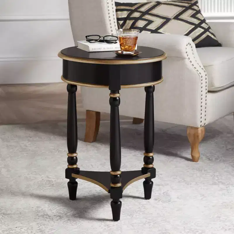 18 Inch Vintage Wood Round Accent Side Table with Shelf in Black and Gold Trim