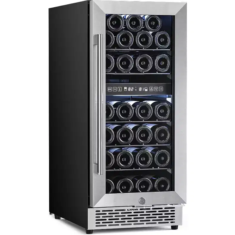 15 Inch Cooler Refrigerator,27 Bottles Dual Zone Freestanding cooler with Stainless Steel Double-Layer Tempered Glass Door,3.1cu.ft