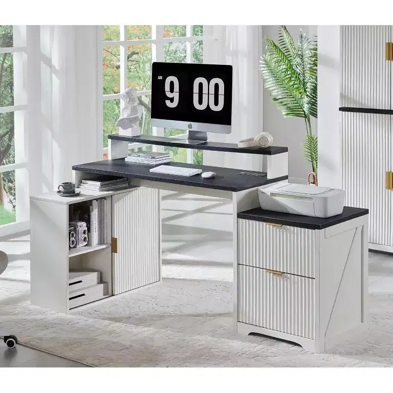 Modern 67 L-Shaped Desk with Storage Cabinet & Drawers, Wood Home Office Desk with Power Outlets, Standing Writing Desk