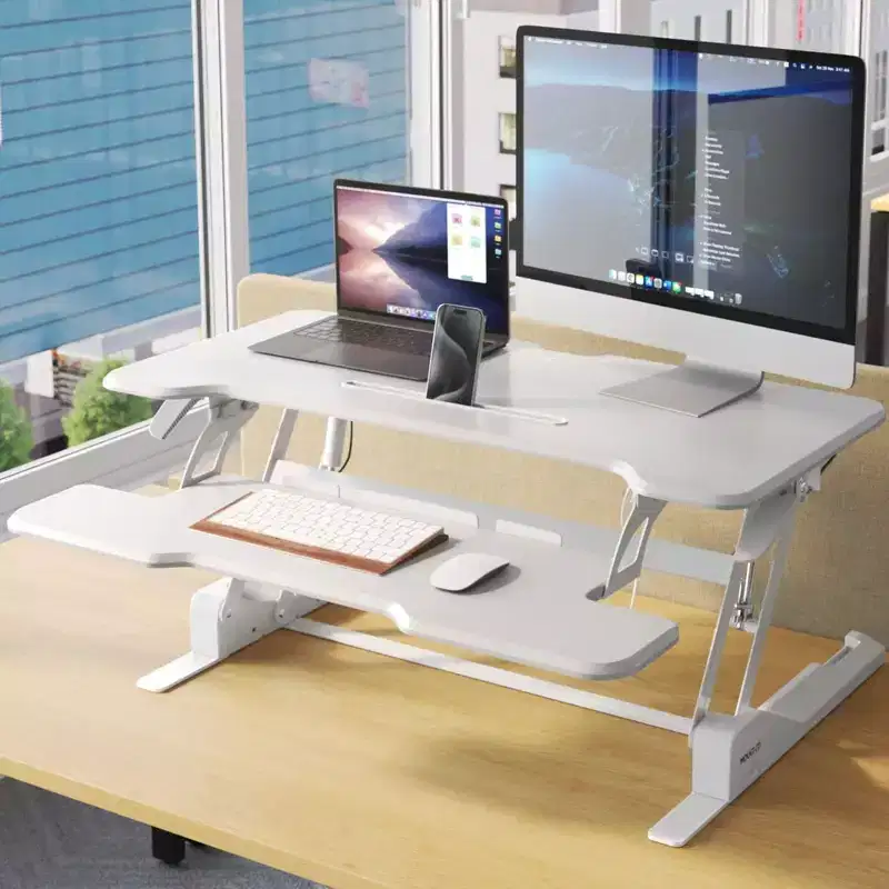 Mount-It! Height Adjustable Stand Up Desk Converter | 38 Wide Tabletop Standing Desk Riser with Gas Spring & Keyboard Tray Fits Two Monitors | White