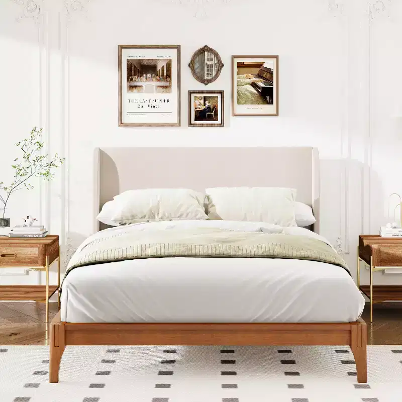 King/Queen Size Platform Bed, Solid Dry Bamboo Wood Bed Frame with Upholstered High Headboard, Easy Assembly -ModernLuxe