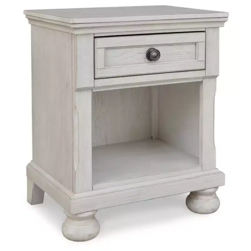 Signature Design by Ashley Robbinsdale 1 Drawer Nightstand White: Vintage Style Bedroom Side Table with Storage & Cable Management
