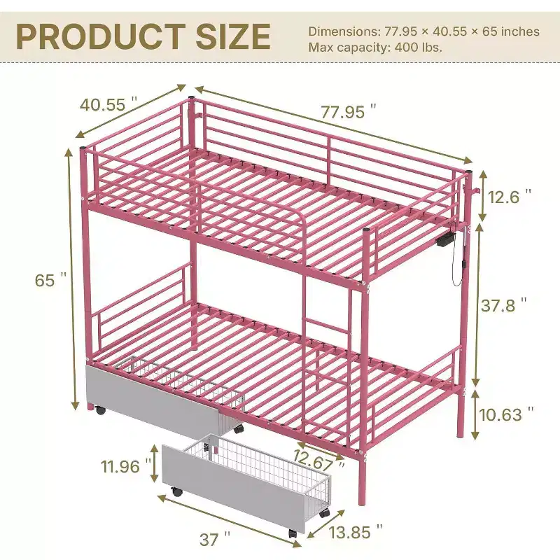 Pink Twin-over-Twin Metal Bunk Bed with Storage Drawers, LED Lights & USB Charging, 2-Person