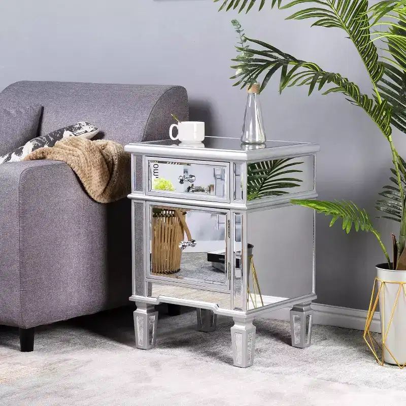VINGLI Modern Nightstand Mirrored Bedside Table with 1 Drawer and 1 Cabinet Door for Bedroom, Silver