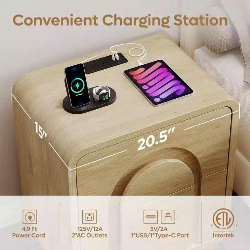 Nightstand with Charging Station, Modern LED End Tables with 2 Drawers, Boho Bedside Table with Storage for Bedroom & Living Room, Natural Oak