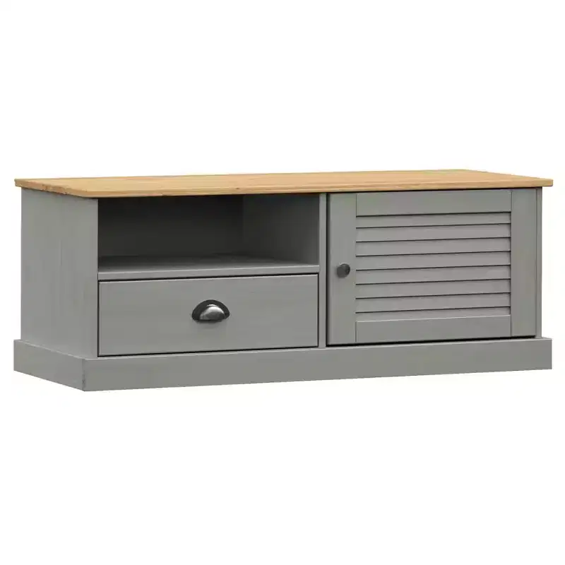 vidaXL Solid Pine Wood Entertainment Center VIGO - Gray TV Stand with Drawer, Metal Accents, 41.7x15.7x15.7 Inches, Ideal for Living Room and Bedroom