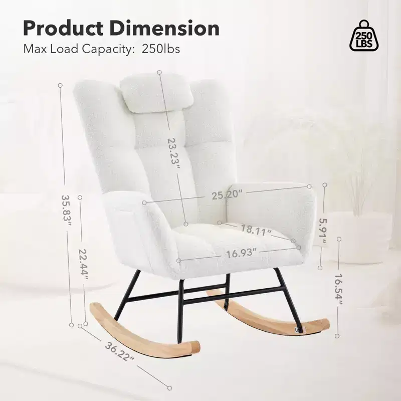 High Backrest Rocking Chair - 300lb Glider Chair with Wood Legs, Side Pockets, Teddy Upholstered Rocker, Padded Seat, for Living Room Bedroom Nursery