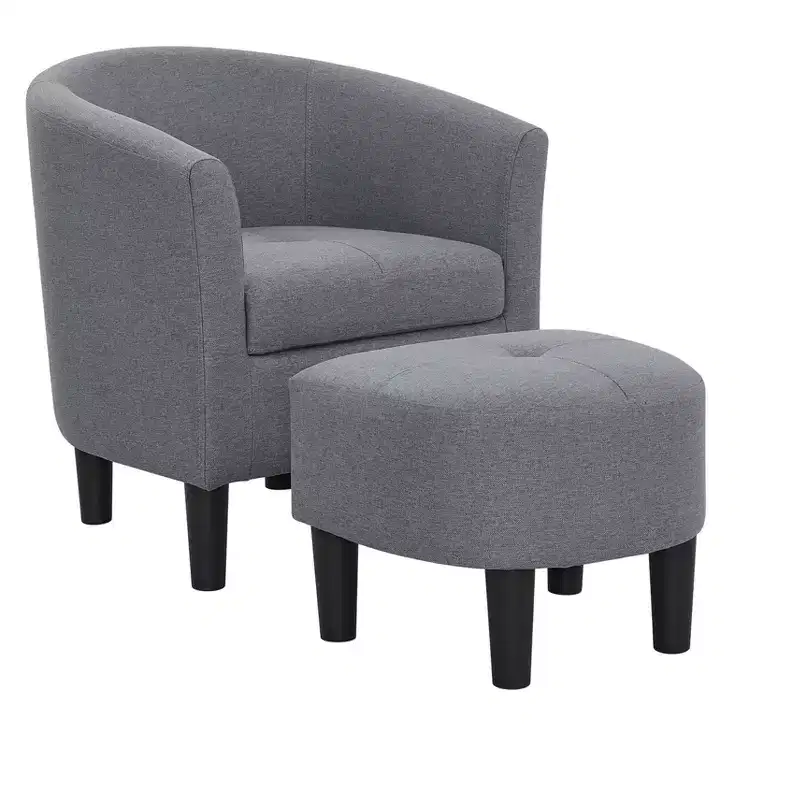Barrel Chair and Ottoman, Polyester Upholstered Accent Chair with Tufted Cushion, Black Plastic Legs, Classic Round Back Chair for Living Room