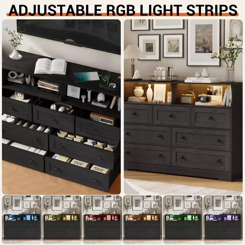 7-Drawer Wooden Dresser with USB Charging Station & LED Lights - Modern Chest with 2 Open Cubbies for Bedroom, Living Room, Closet, or Kids' Room